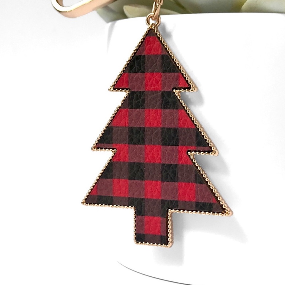 Buffalo plaid red black gold tone tree
stocking gift keychain